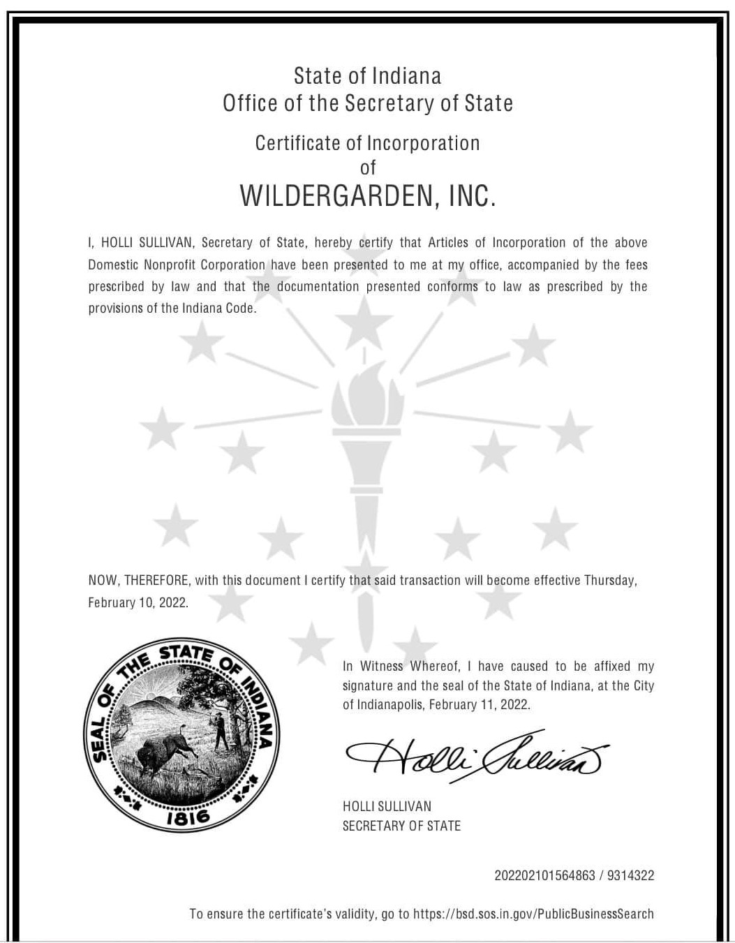 Image of first page of Certificate of Incorporation of Wildergarden, Inc.