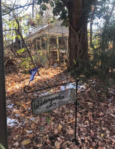 Ecosystem! Wooden Wildergarden sign in foreground with brown leaves and snow covering the ground. There are several small trees and a large and house in the background behind the sign.