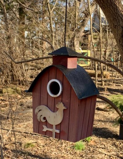 Wooden birdhouse built to resemble a barn. There is the outline of a rooster wind vane on the front, below the hole birds can use to enter. The birdhouse is hanging from a tree in the fall, so there are no leaves on the trees in the background.