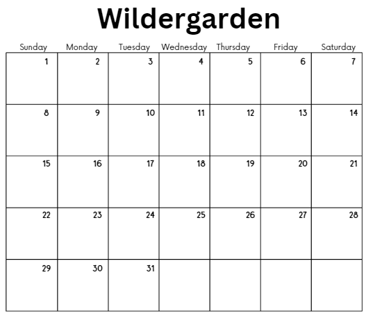 A blank calendar page with Wildergarden at the top.
